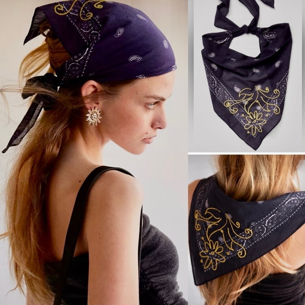 Free People Bandanna Scarf Black and Gold Floral NEW
